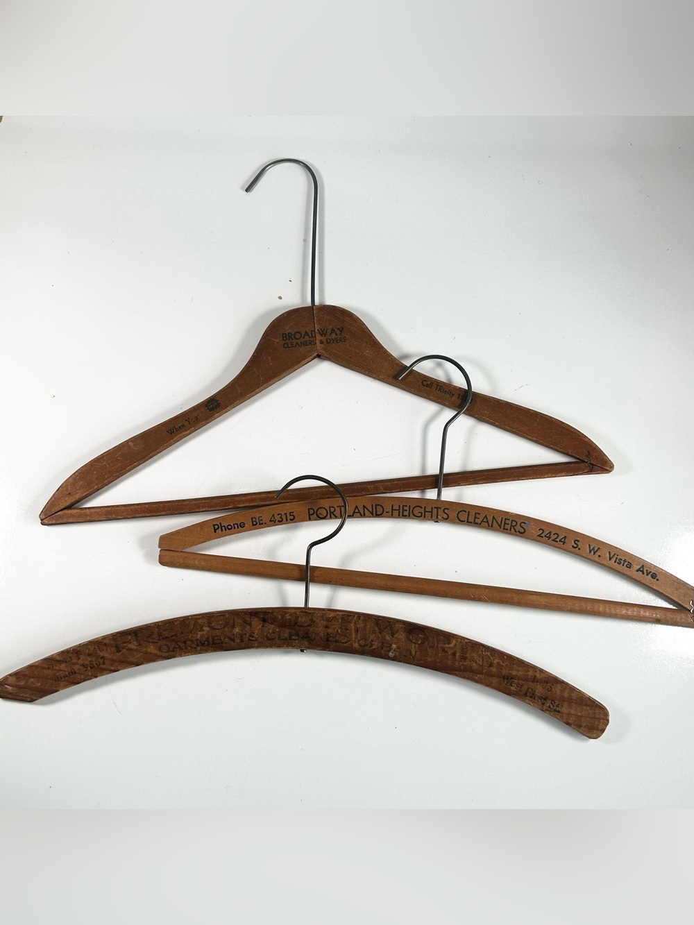 Vintage Wooden Hanger Lot of 3 - Fremont Dye Works Broadway Cleaners Portland